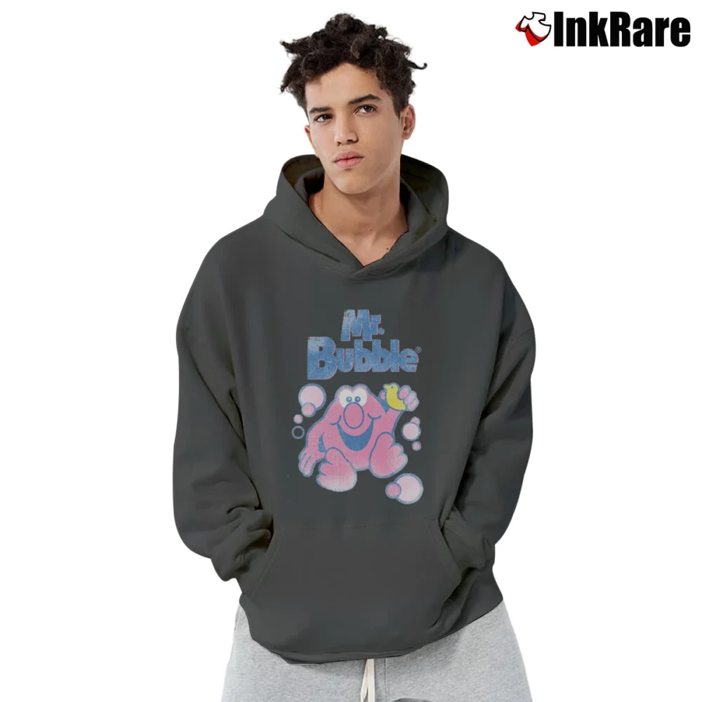 Men’s 1980s Mr. Bubble Retro Logo Graphic Pullover Hoodie in charcoal | Cozy, Durable, Modern Fit