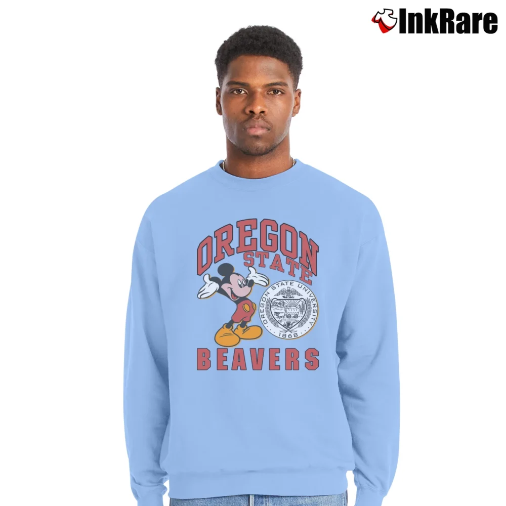 Men’s 1980s Oregon State Beavers Mickey Mouse NCAA Crewneck Sweatshirt in light blue | Cozy Fabric, Clean Style