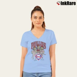 Women’s 1980s Philadelphia Phillies Bobblehead Graphic V-Neck Tee in light blue | Chic Neckline, Soft Texture