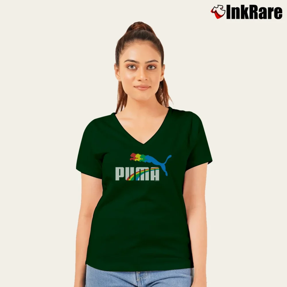 Women’s 1980s Puma Rainbow Cat Pride Graphic V-Neck Tee in forest green | Chic Neckline, Soft Texture
