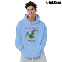Men’s 1980s Ride The Dragon Playland New York Coaster Pullover Hoodie in light blue | Cozy, Durable, Modern Fit
