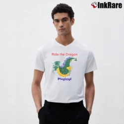 Men’s 1980s Ride The Dragon Playland New York Coaster V-Neck Tee in white | Sharp, Breathable, Everyday Staple