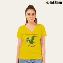 Women’s 1980s Ride The Dragon Playland New York Coaster V-Neck Tee in yellow | Chic Neckline, Soft Texture