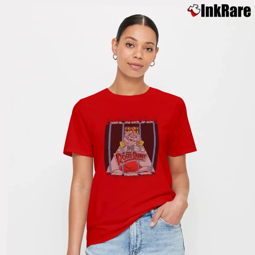 Women’s 1980s Roger Rabbit Walt Disney Movie Promo Signature T-Shirt in red | Soft, Flattering Fit