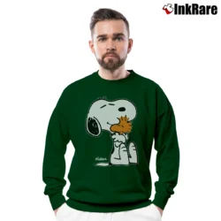 Men’s 1980s Snoopy Woodstock Hugging Crewneck Sweatshirt in forest green | Cozy Fabric, Clean Style