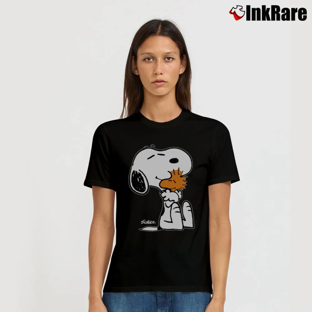 Women’s 1980s Snoopy Woodstock Hugging Signature T-Shirt in black | Soft, Flattering Fit