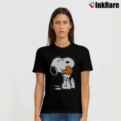 Women’s 1980s Snoopy Woodstock Hugging Signature T-Shirt in black | Soft, Flattering Fit