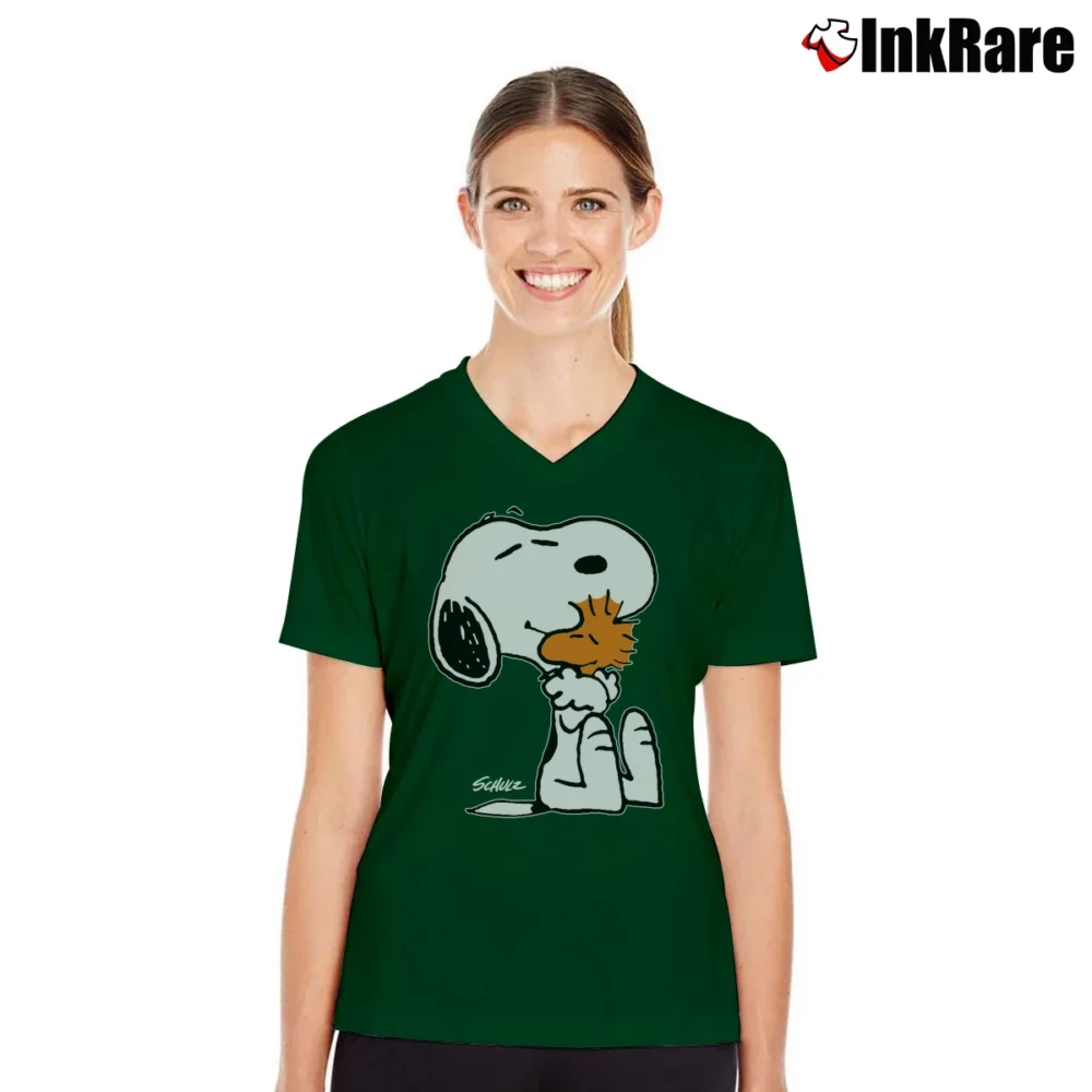 Women’s 1980s Snoopy Woodstock Hugging V-Neck Tee in forest green | Chic Neckline, Soft Texture
