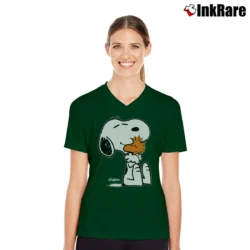 Women’s 1980s Snoopy Woodstock Hugging V-Neck Tee in forest green | Chic Neckline, Soft Texture