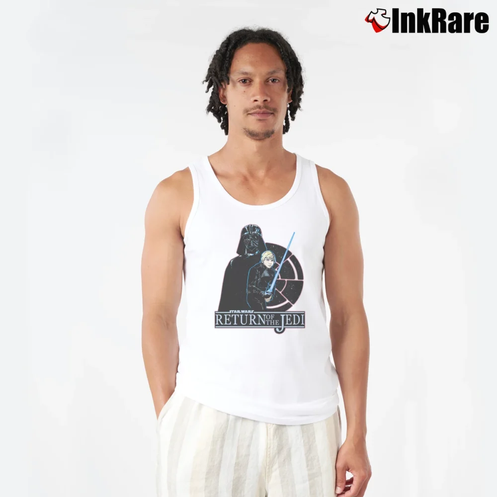 Men’s 1980s Star Wars Return Of The Jedi Luke Darth Vader Cartoon Tank Top in white | Breathable, Active-Friendly Design