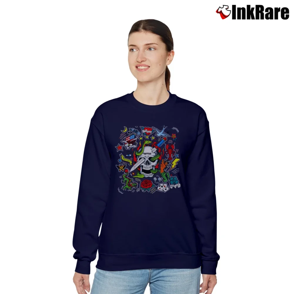 Women’s 1980s Tattoo Dragon Skull Cartoon Biker Punk Relaxed Sweatshirt in navy | Soft, Laid-Back Vibe