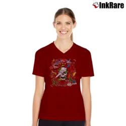 Women’s 1980s Tattoo Dragon Skull Cartoon Biker Punk V-Neck Tee in maroon | Chic Neckline, Soft Texture