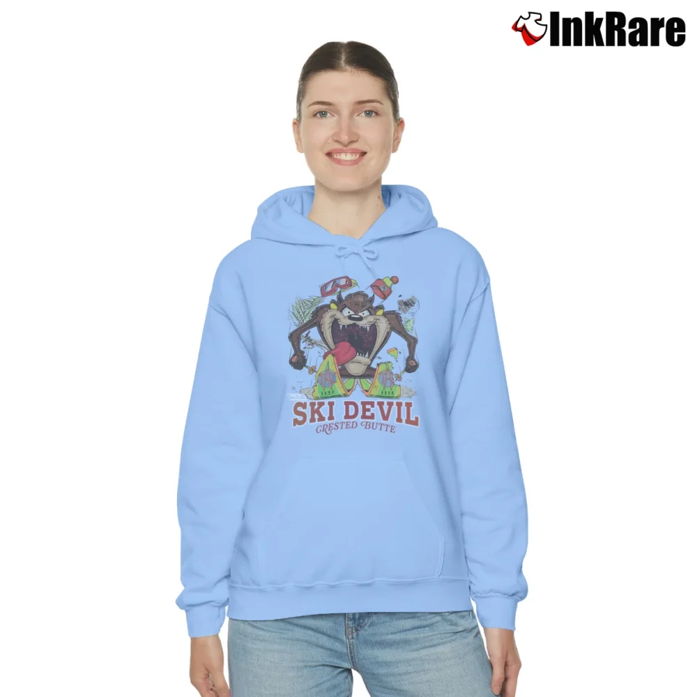 Women’s 1980s Taz Looney Tunes Ski Devil Cozy Hoodie in light blue | Warm, Structured, Stylish