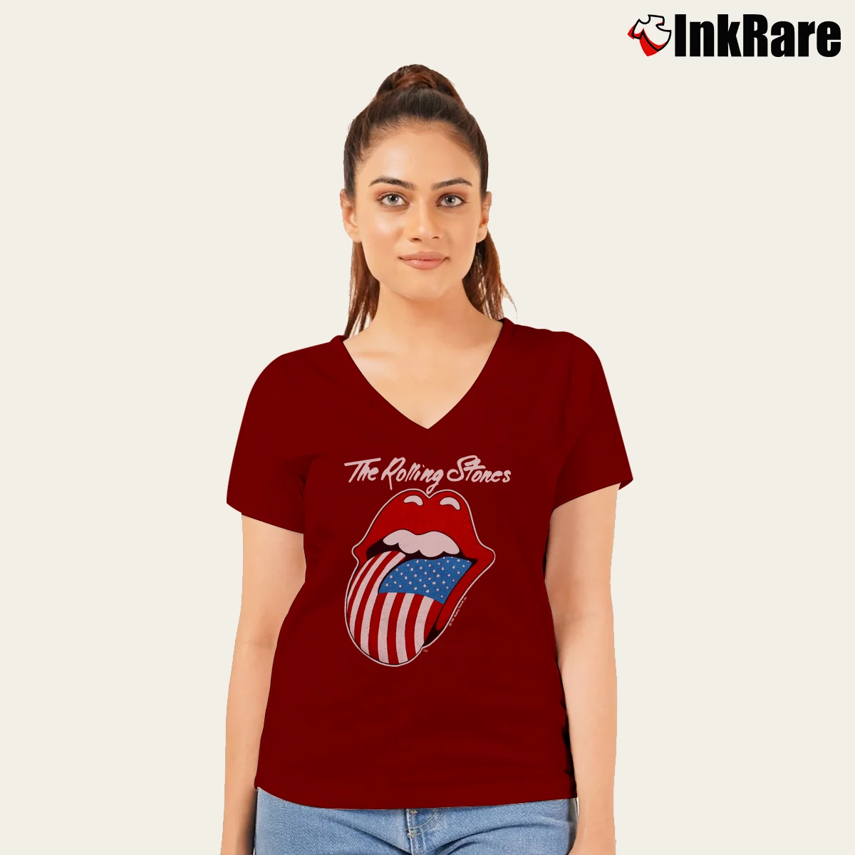 Women’s 1981 Rolling Stones Tour V-Neck Tee in maroon | Chic Neckline, Soft Texture