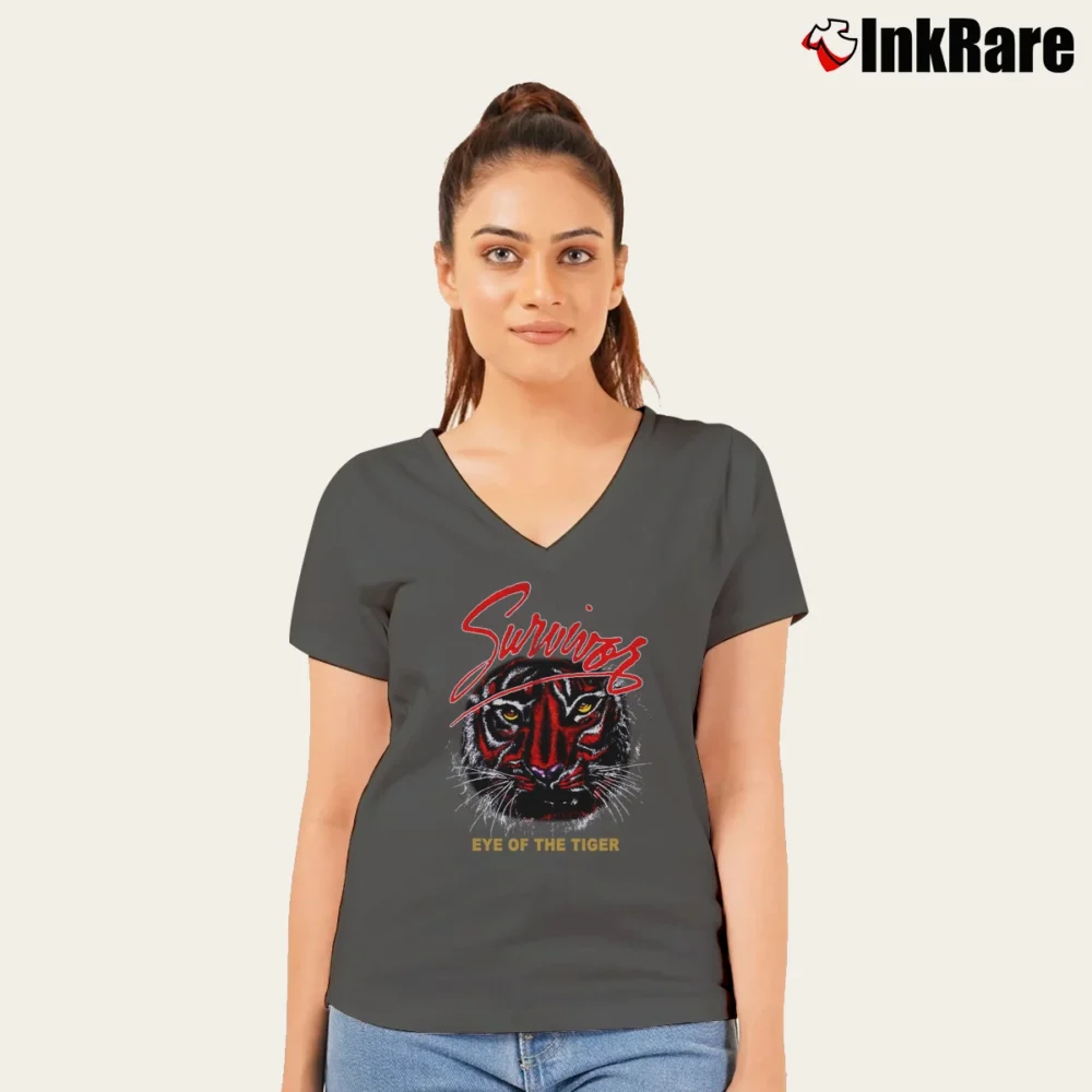 Women’s 1982 Survivor Eye Of The Tiger Tour V-Neck Tee in charcoal | Chic Neckline, Soft Texture