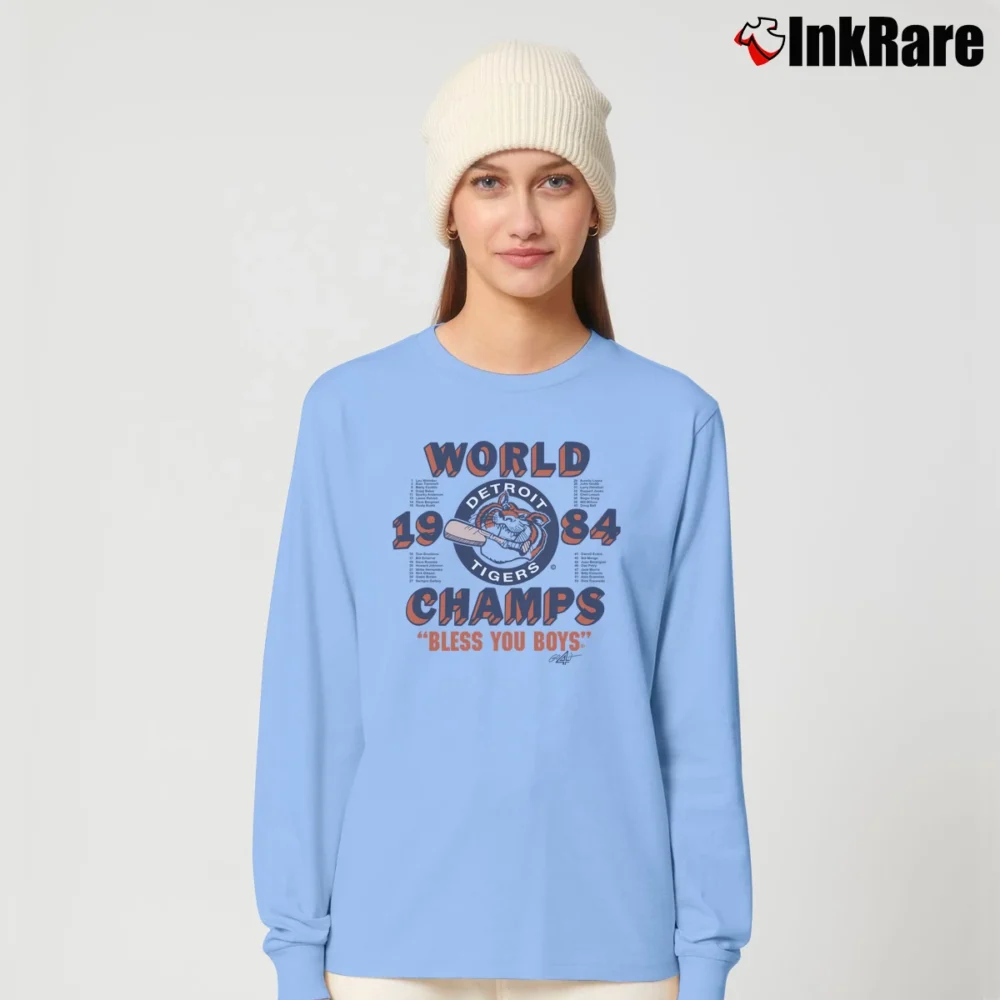 Women’s 1984 Detroit Tigers Champs Bless You Boys Long-Sleeve Top in light blue | Sleek, Versatile, All-Season