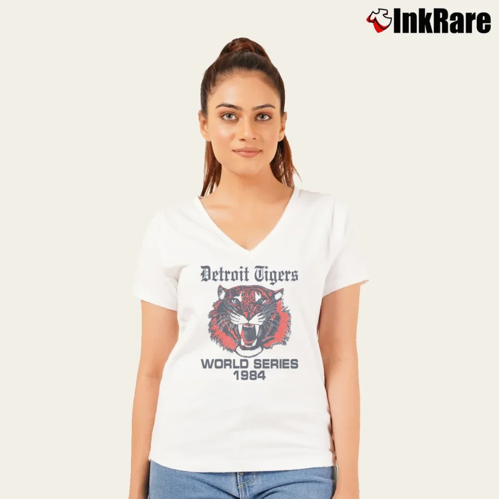 Women’s 1984 Detroit Tigers World Series 80s V-Neck Tee in white | Chic Neckline, Soft Texture