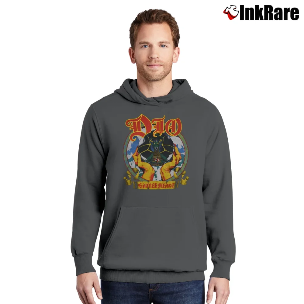 Men’s 1985 Dio Sacred Heart Album Tour Dragon Band Pullover Hoodie in charcoal | Cozy, Durable, Modern Fit