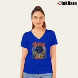 Women’s 1985 Dio Sacred Heart Album Tour Dragon Band V-Neck Tee in royal blue | Chic Neckline, Soft Texture