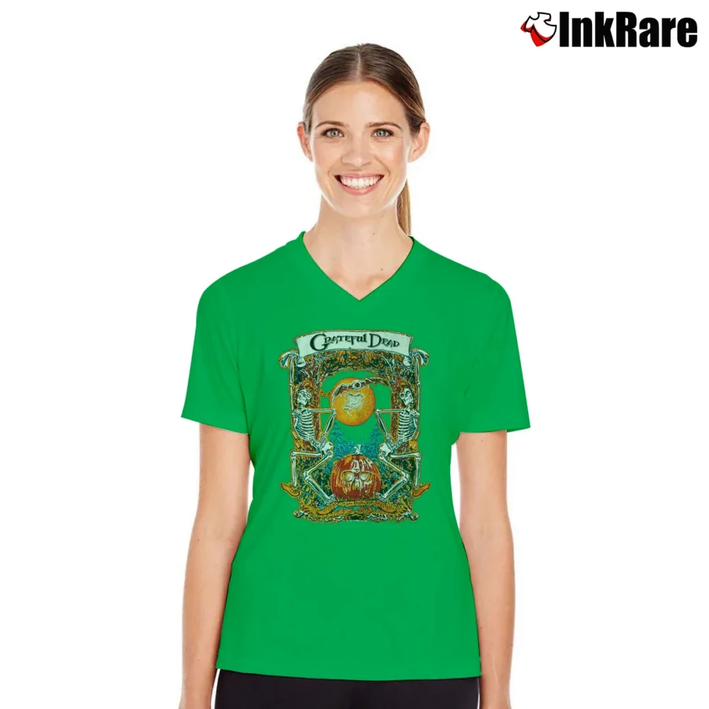 Women’s 1985 Grateful Dead Halloween Fall Winter Tour Vintage Rock Classic Band V-Neck Tee in irish green | Chic Neckline, Soft Texture