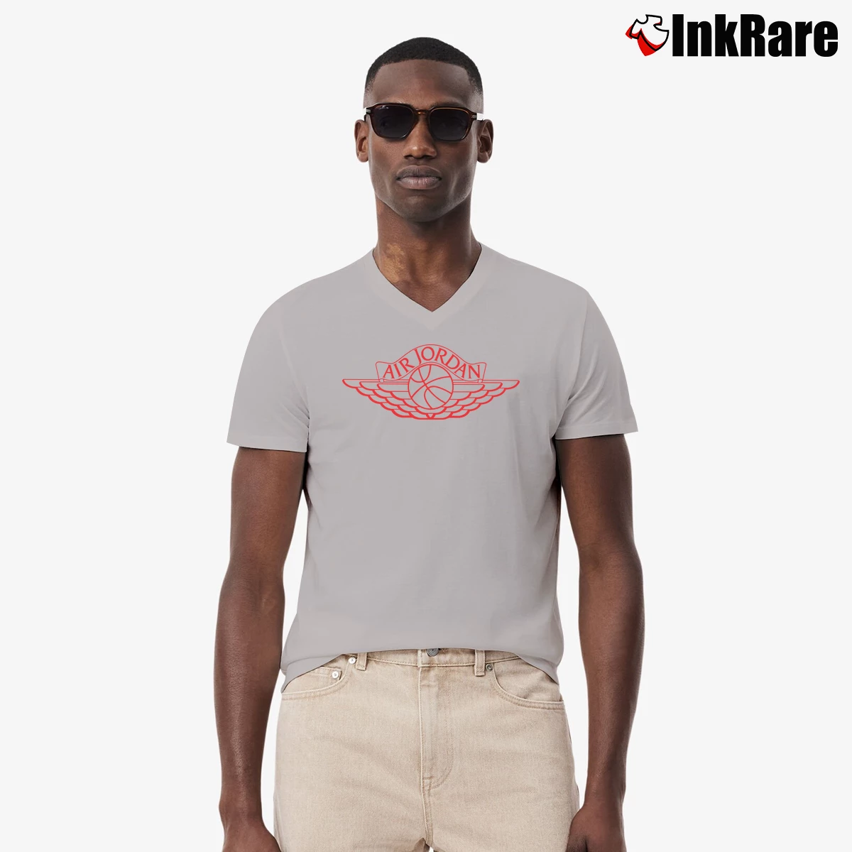 Men’s 1985 Nike Air Jordan Wings Logo V-Neck Tee in sport grey | Sharp, Breathable, Everyday Staple