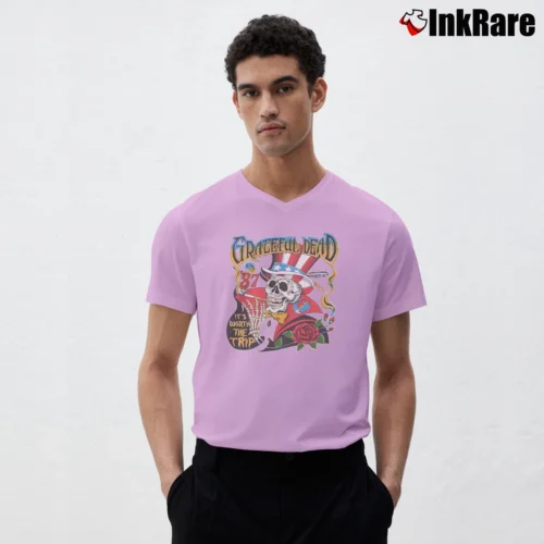 1987 Grateful Dead It’s Worth The Trip 2x Men’s V-Neck Tee in light pink – Modern Essential Men’s 1987 Grateful Dead It's Worth The Trip 2x V-Neck Tee in light pink | Sharp, Breathable, Everyday Staple