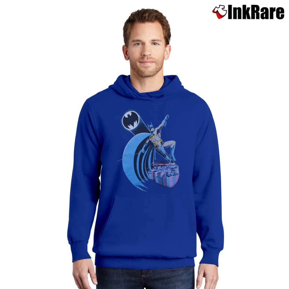 Men’s 1988 Batman DC Comics Skyline Retro Pullover Hoodie in royal blue | Cozy, Durable, Modern Fit