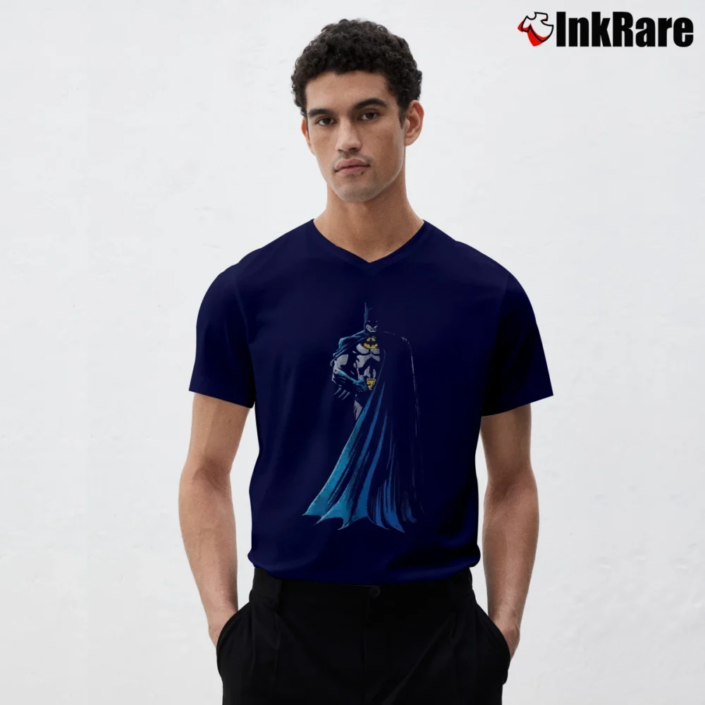 Men’s 1988 Batman Movie Promo Michael Keaton Jack Nicholson V-Neck Tee in navy | Sharp, Breathable, Everyday Staple