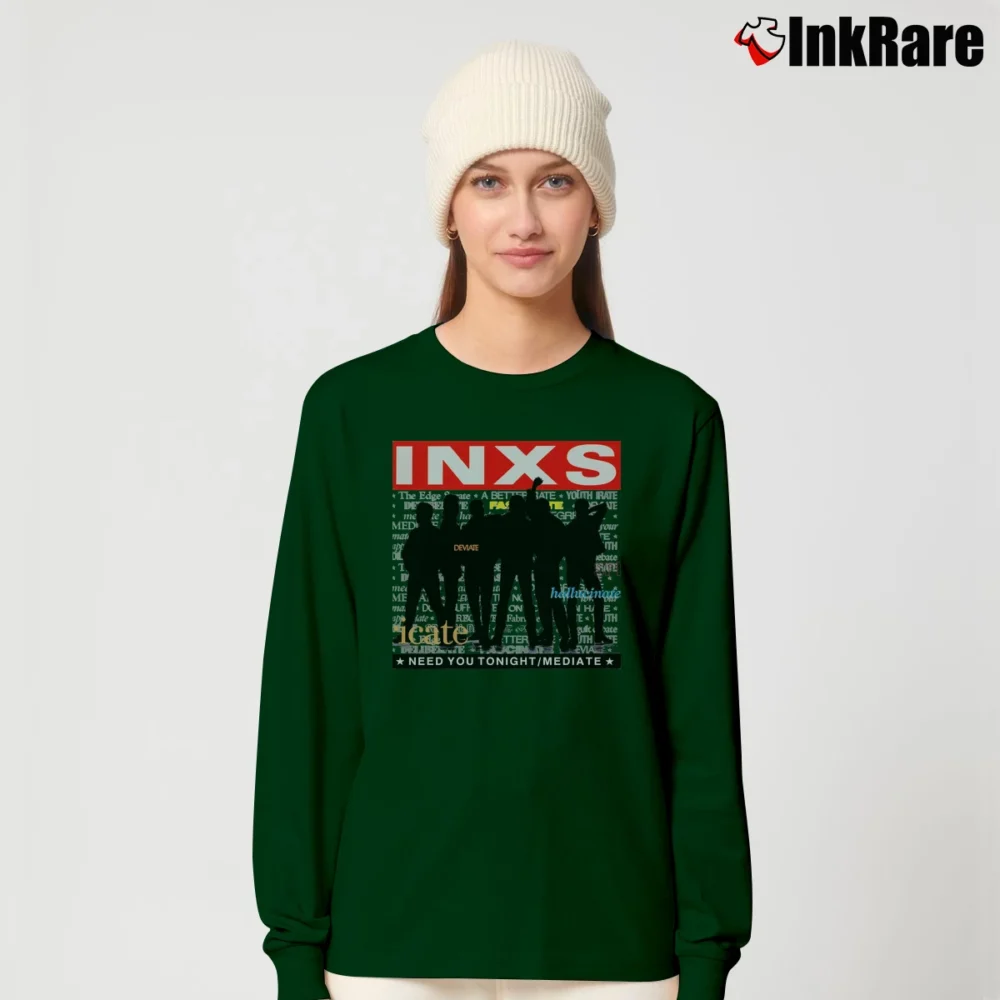 Women’s 1988 INXS Kick Tour Concert Band Long-Sleeve Top in forest green | Sleek, Versatile, All-Season
