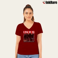 Women’s 1988 INXS Kick Tour Concert Band V-Neck Tee in maroon | Chic Neckline, Soft Texture