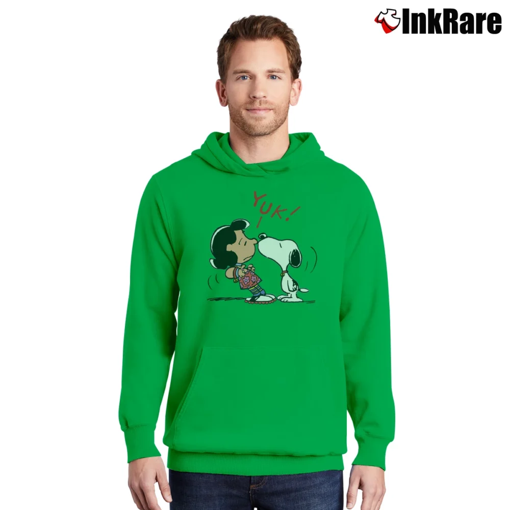 Men’s 1988 Snoopy Kissing Lucy Peanuts Gang Pullover Hoodie in irish green | Cozy, Durable, Modern Fit