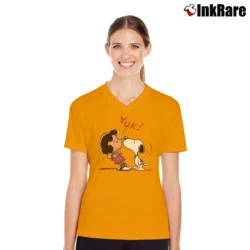 Women’s 1988 Snoopy Kissing Lucy Peanuts Gang V-Neck Tee in orange | Chic Neckline, Soft Texture