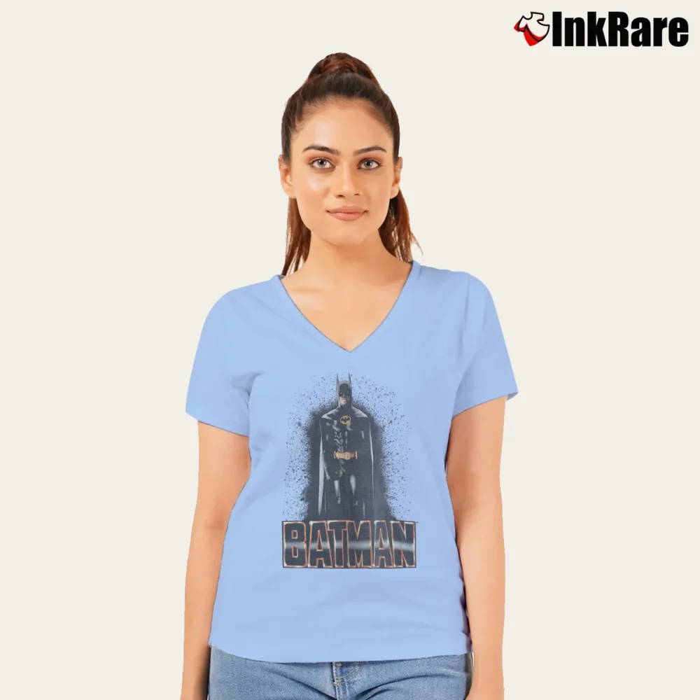Women’s 1989 Batman Classic Movie Graphic V-Neck Tee in light blue | Chic Neckline, Soft Texture