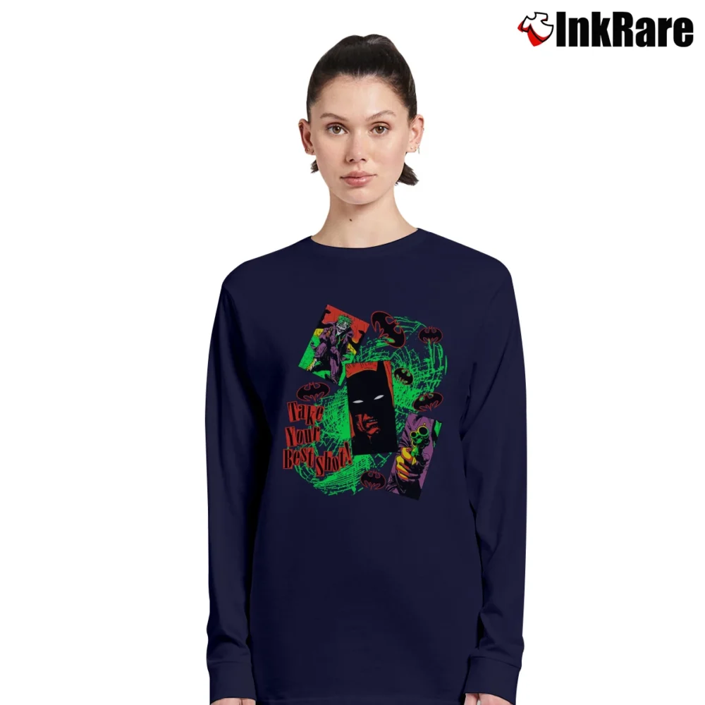 Women’s 1989 Batman Joker Take Your Best Shot Retro Long-Sleeve Top in navy | Sleek, Versatile, All-Season