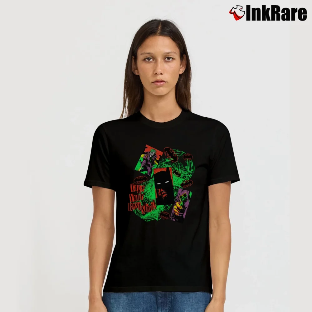 Women’s 1989 Batman Joker Take Your Best Shot Retro Signature T-Shirt in black | Soft, Flattering Fit