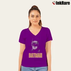 Women’s 1989 Batman Michael Keaton Movie Promo V-Neck Tee in purple | Chic Neckline, Soft Texture