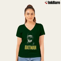 Women’s 1989 Batman Michael Keaton Promo DC Comics V-Neck Tee in forest green | Chic Neckline, Soft Texture