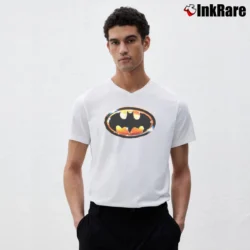 Men’s 1989 DC Comics Batman Emblem Logo Graphic V-Neck Tee in white | Sharp, Breathable, Everyday Staple