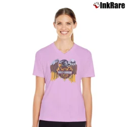 Women’s 1989 Harley Davidson Mock Neck V-Neck Tee in light pink | Chic Neckline, Soft Texture