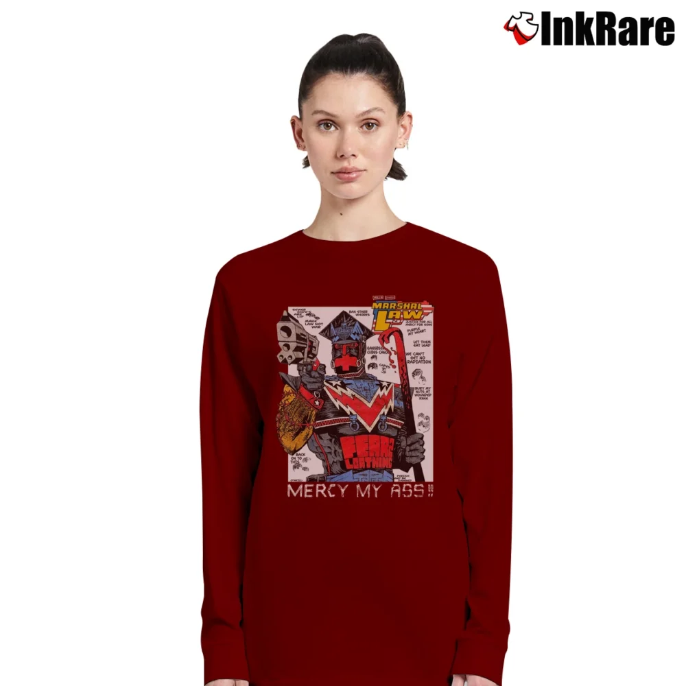 Women’s 1989 Marshal Law Kevin O'Neill Pat Mills UK Comic Superhero Crossover Long-Sleeve Top in maroon | Sleek, Versatile, All-Season