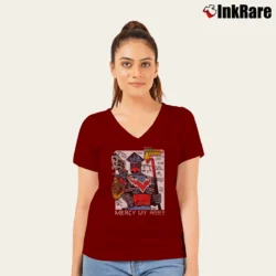 Women’s 1989 Marshal Law Kevin O'Neill Pat Mills UK Comic Superhero Crossover V-Neck Tee in maroon | Chic Neckline, Soft Texture