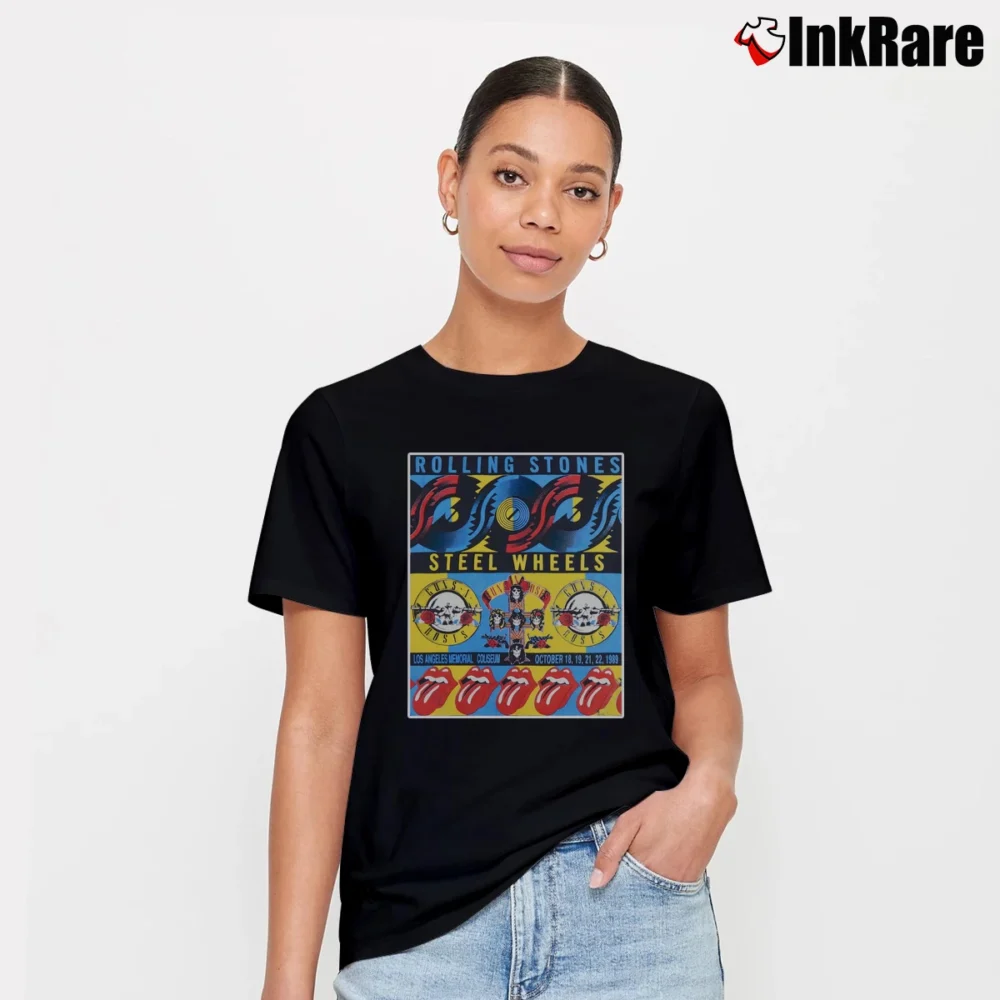 Women’s 1989 Rolling Stones Guns N Roses La Coliseum Steel Wheels Signature T-Shirt in black | Soft, Flattering Fit