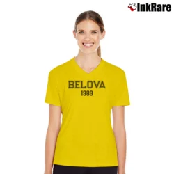 Women’s 1989 Yelena Belova Black Widow Avengers Marvel V-Neck Tee in yellow | Chic Neckline, Soft Texture