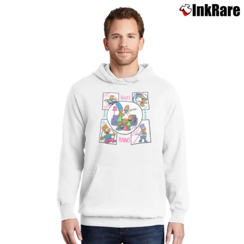 Men’s 1990 Bart Knows Everything Skateboarding Bartman Surfing Promo Pullover Hoodie in white | Cozy, Durable, Modern Fit