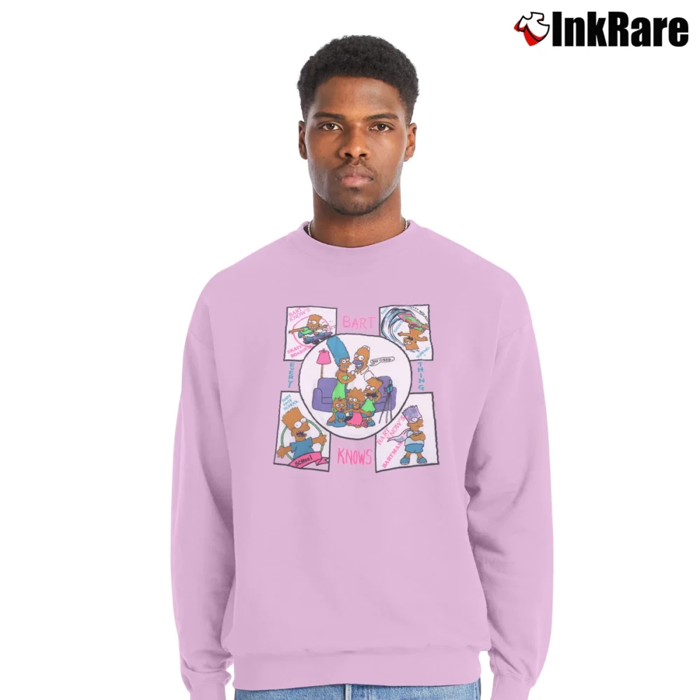 Men’s 1990 Bart Knows Everything Skateboarding Bartman Surfing Promo Crewneck Sweatshirt in light pink | Cozy Fabric, Clean Style