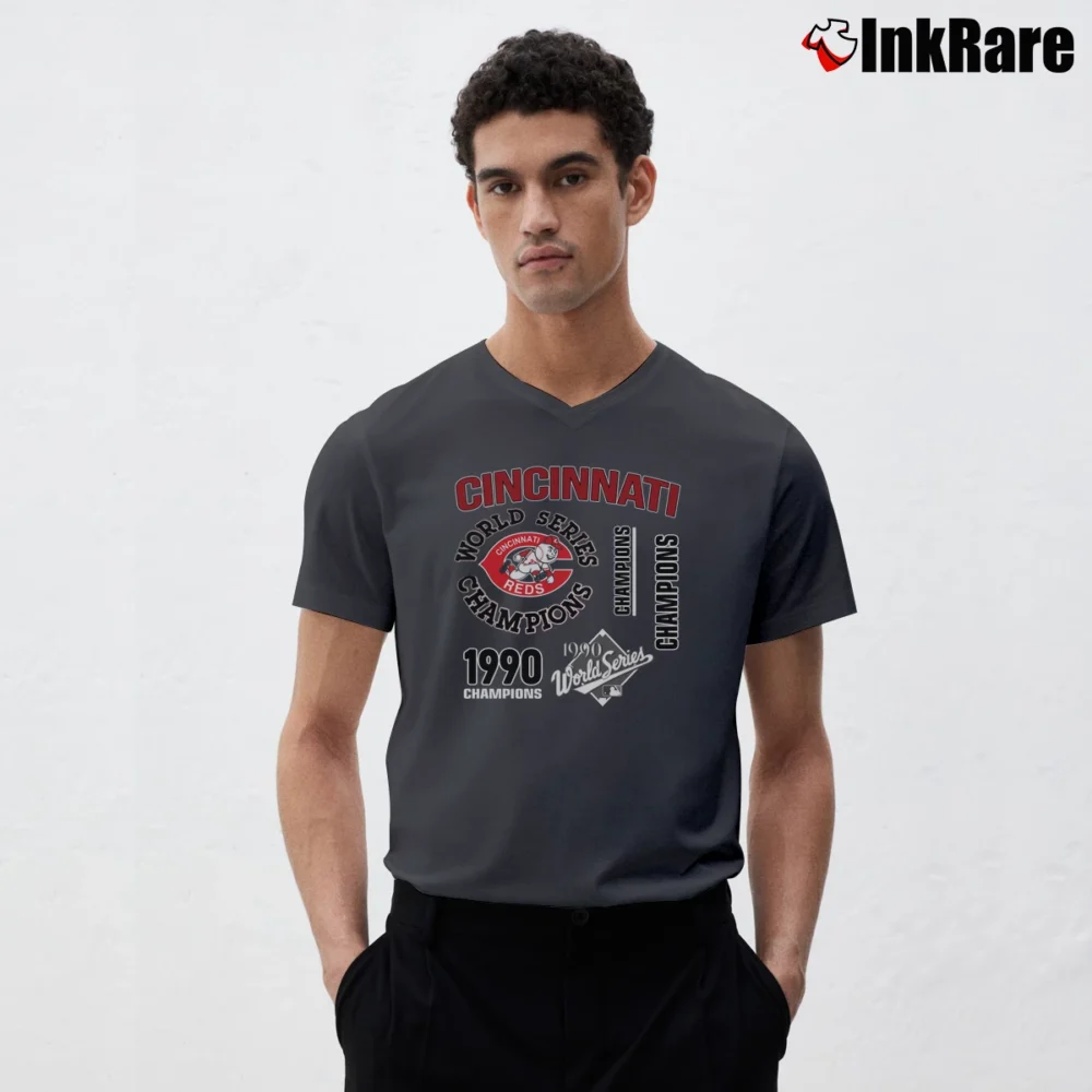 Men’s 1990 Cincinnati Reds World Series V-Neck Tee in charcoal | Sharp, Breathable, Everyday Staple
