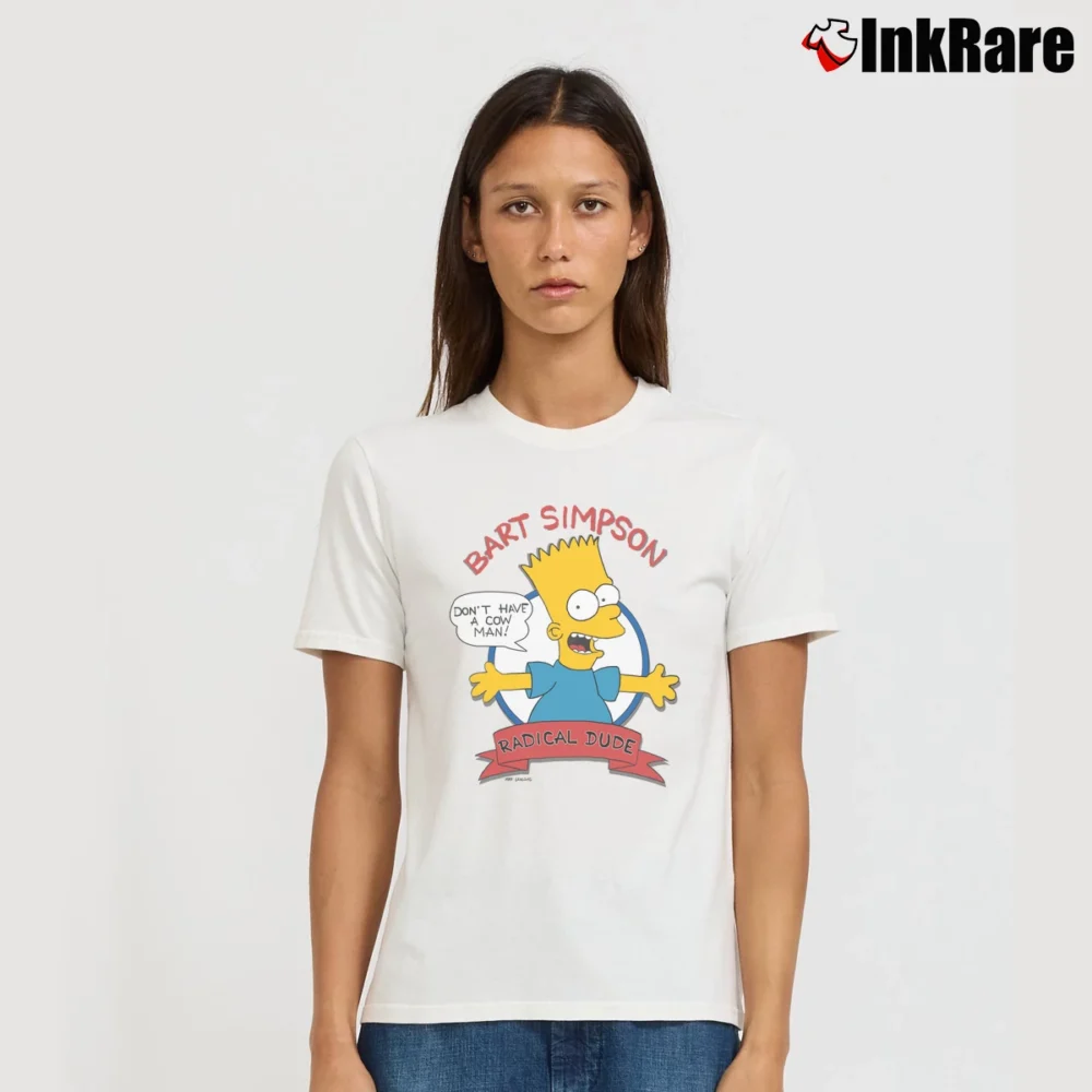 Women’s 1990 Groening The Simpsons Bart Homer Cow Man Promo Signature T-Shirt in white | Soft, Flattering Fit