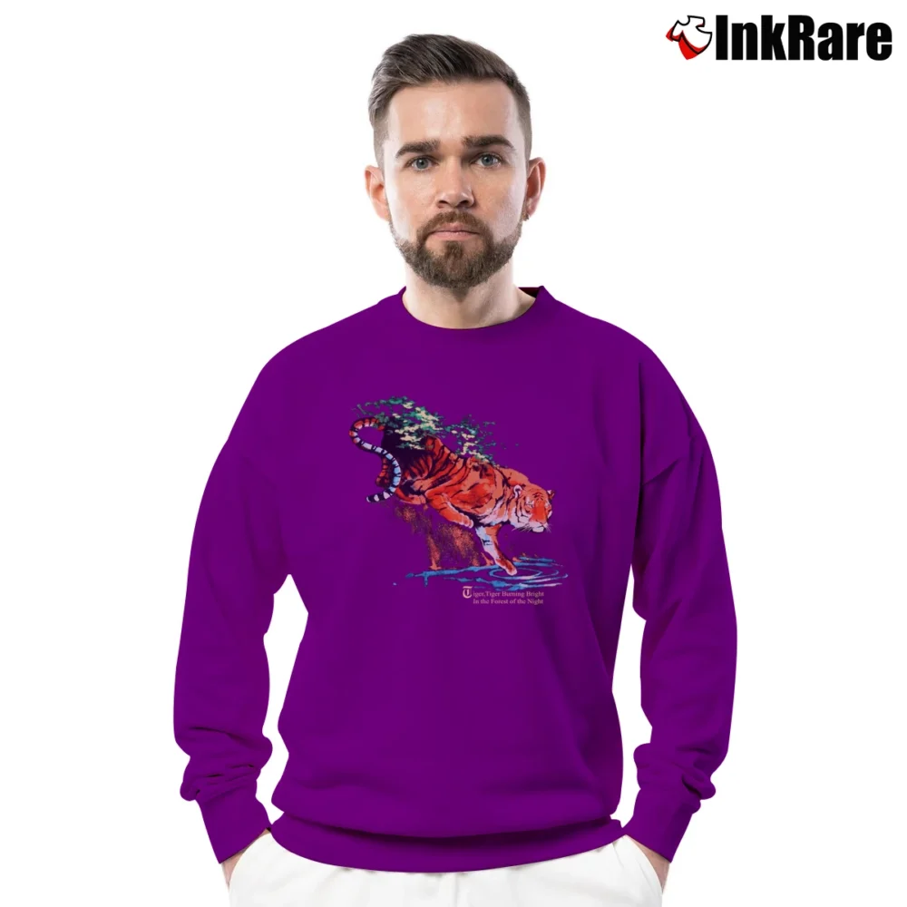 Men’s 1990 Tiger Burning Bright Forest Wildlife Crewneck Sweatshirt in purple | Cozy Fabric, Clean Style