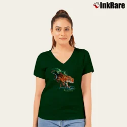 Women’s 1990 Tiger Burning Bright Forest Wildlife V-Neck Tee in forest green | Chic Neckline, Soft Texture