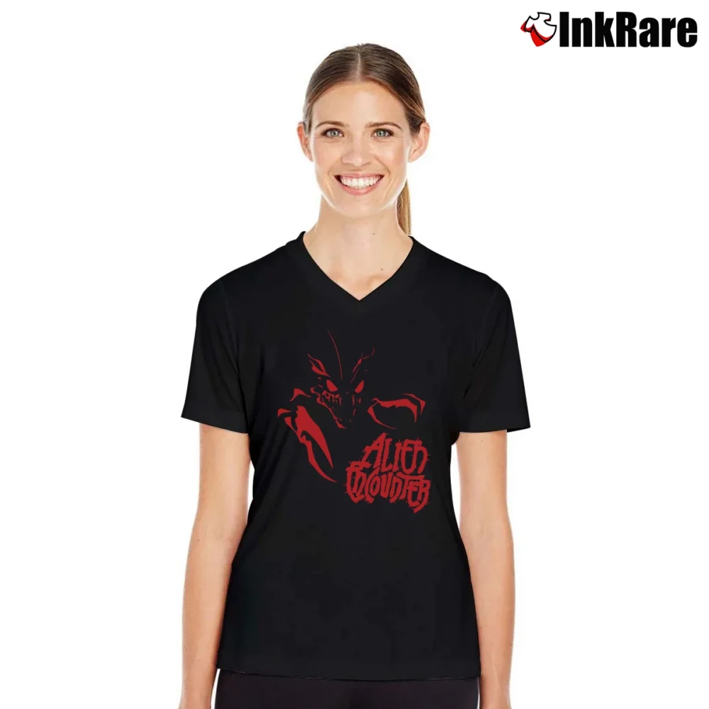 Women’s 1990s Alien Encounter Walt Disney Memorial Design V-Neck Tee in black | Chic Neckline, Soft Texture